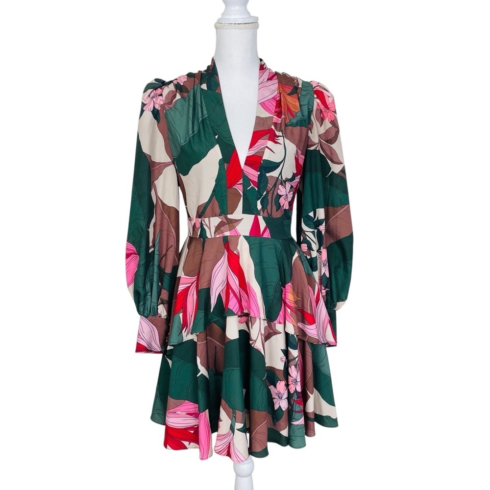 One 33 Social Green Tropical Floral Blouson-Sleeve Tiered Dress 6 - Picture 3 of 11